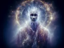 Ethereal figure with cosmic patterns, surrounded by a halo of light, floats in a dark space. Mystical, otherworldly aura.