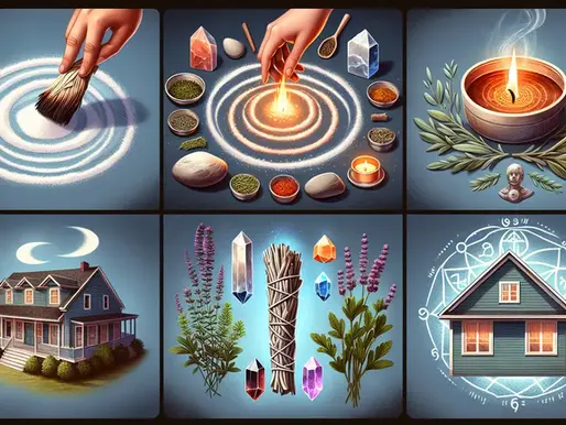 Hands create circles with salt, herbs, and crystals; a lit candle emits smoke; a house under moonlight. Mystical symbols surround it.