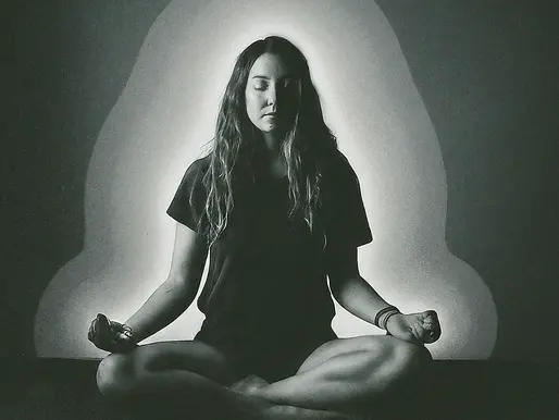 A woman sits cross-legged meditating, eyes closed, in monochrome. A glowing silhouette surrounds her, suggesting calmness and focus.
