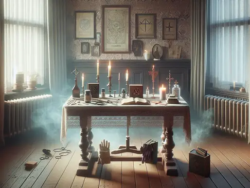Dimly lit room with a table covered in lit candles, an open book, and mystical items. Smoke drifts around, creating a mysterious aura.