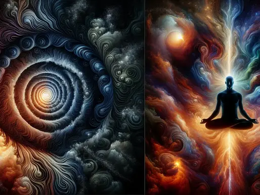 Swirling cosmic patterns with vivid blues and oranges frame a meditating silhouette, radiating light in a vibrant, ethereal space scene.