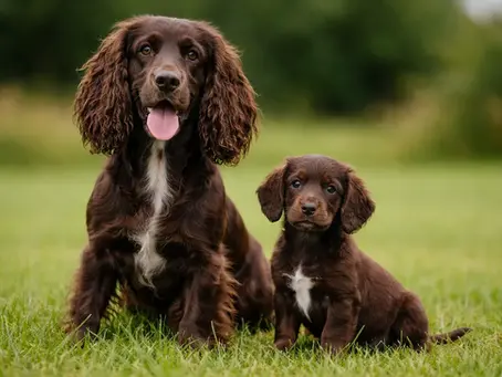 mother and son cocker spaniels from greavesamor sitting side by side in a green field