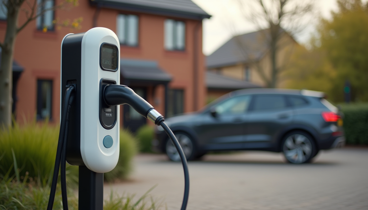 Eye-level view of a modern electric vehicle charging station installed in a residential driveway