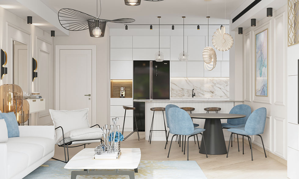 פינת אוכל מבט למטבח ומקרר