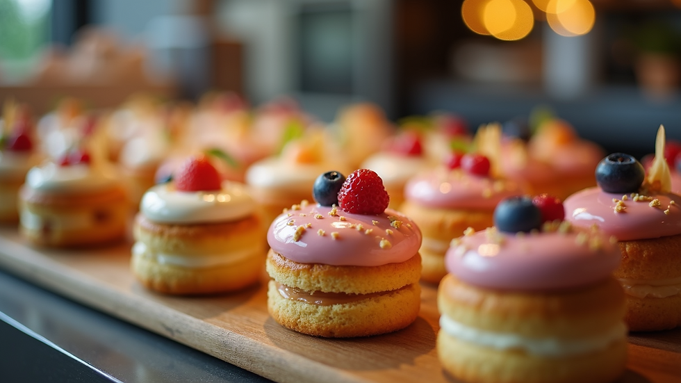 Close-up view of beautifully decorated custom pastries on a display table
