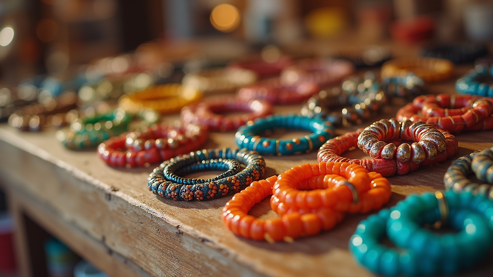 Close-up view of colorful handmade jewelry on display