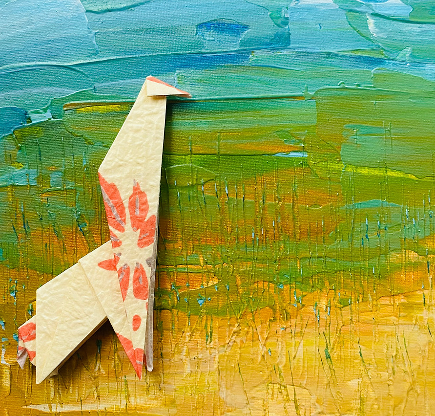 A handcrafted giraffe origami sculpture mounted on a custom-painted canvas, showcasing WenzArt Gallery’s signature mixed-media approach to bespoke paper art.