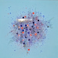 mixed media collage using modeling paste, paper, and polymer clay tiles