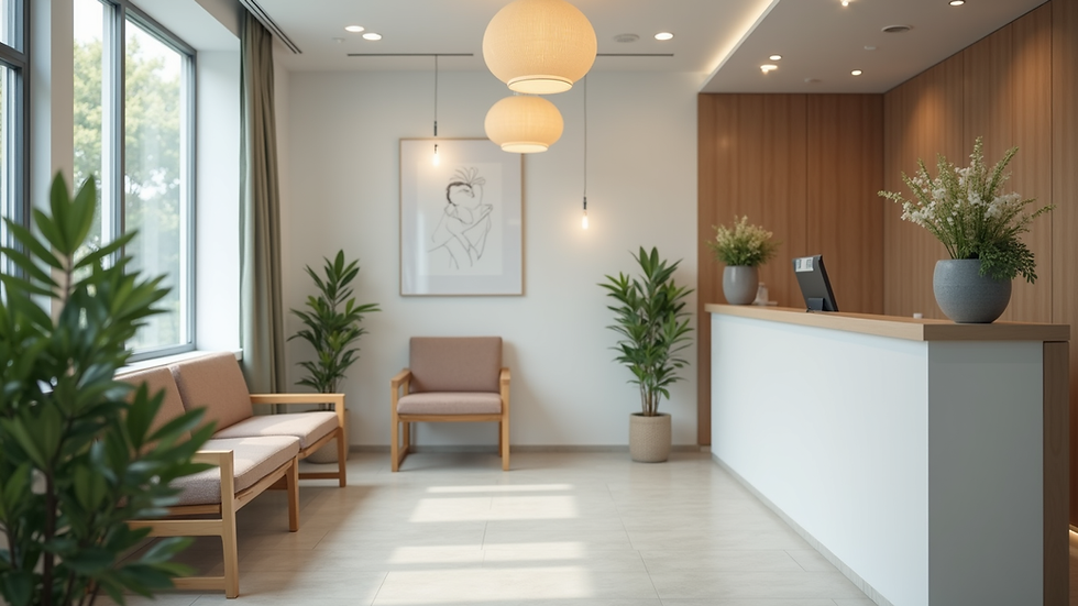 Eye-level view of a dental clinic reception area with a welcoming atmosphere
