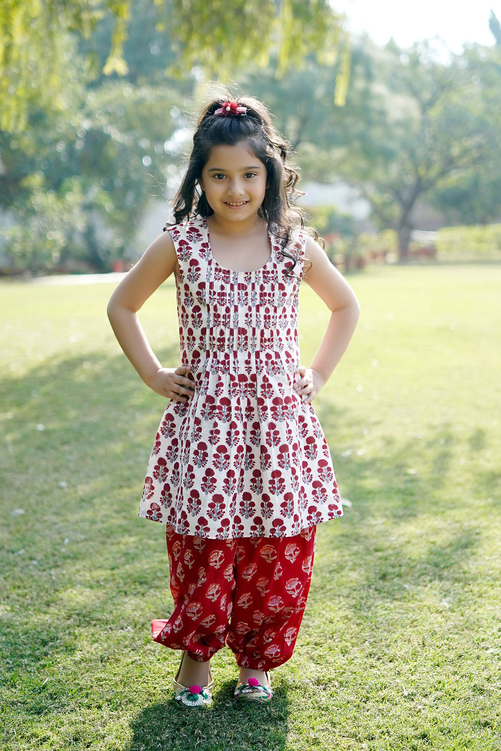 Thumbnail: Red Block Printed Kurta With Harem Salwar