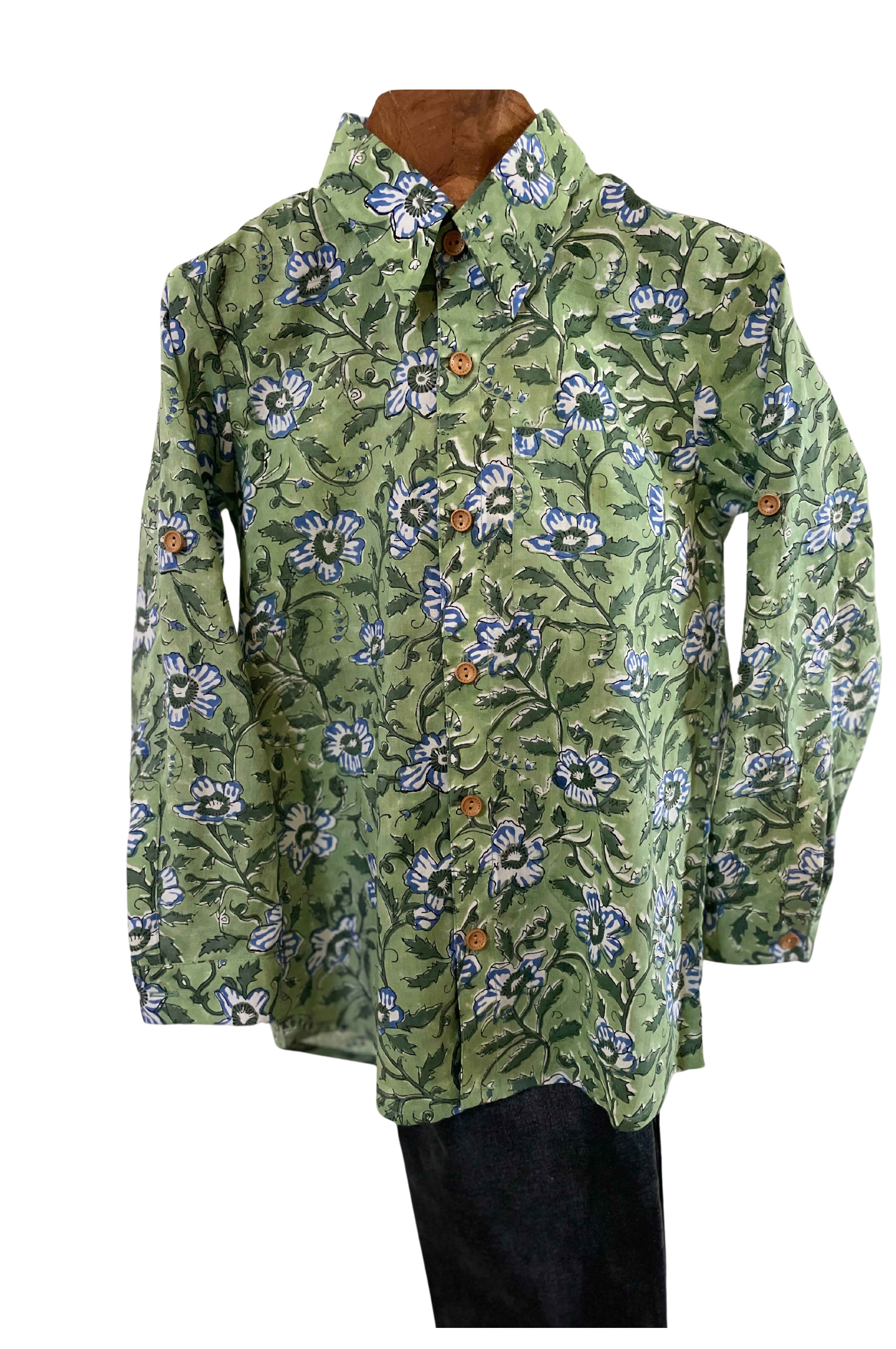 Green Block Printed Cotton Shirt for Boys