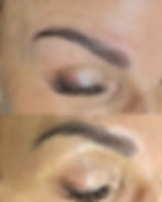 Close-up of an eye and eyebrow, before and after styling. The top eyebrow is neatly groomed and darkened; the bottom is more natural.