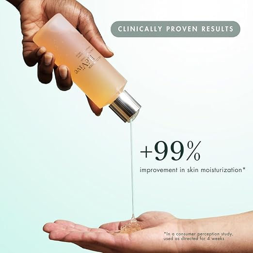 Hand pouring skincare serum into another hand, with text claiming +99% improvement in skin moisturization. Light teal background.