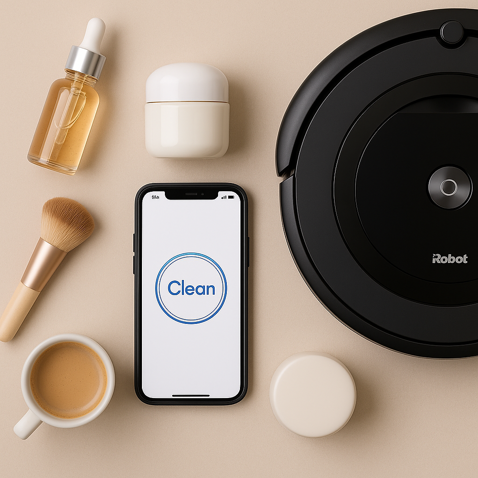 Robot vacuum, phone with "Clean" text, skincare items, makeup brush, and coffee cup on beige background; organized and minimal.