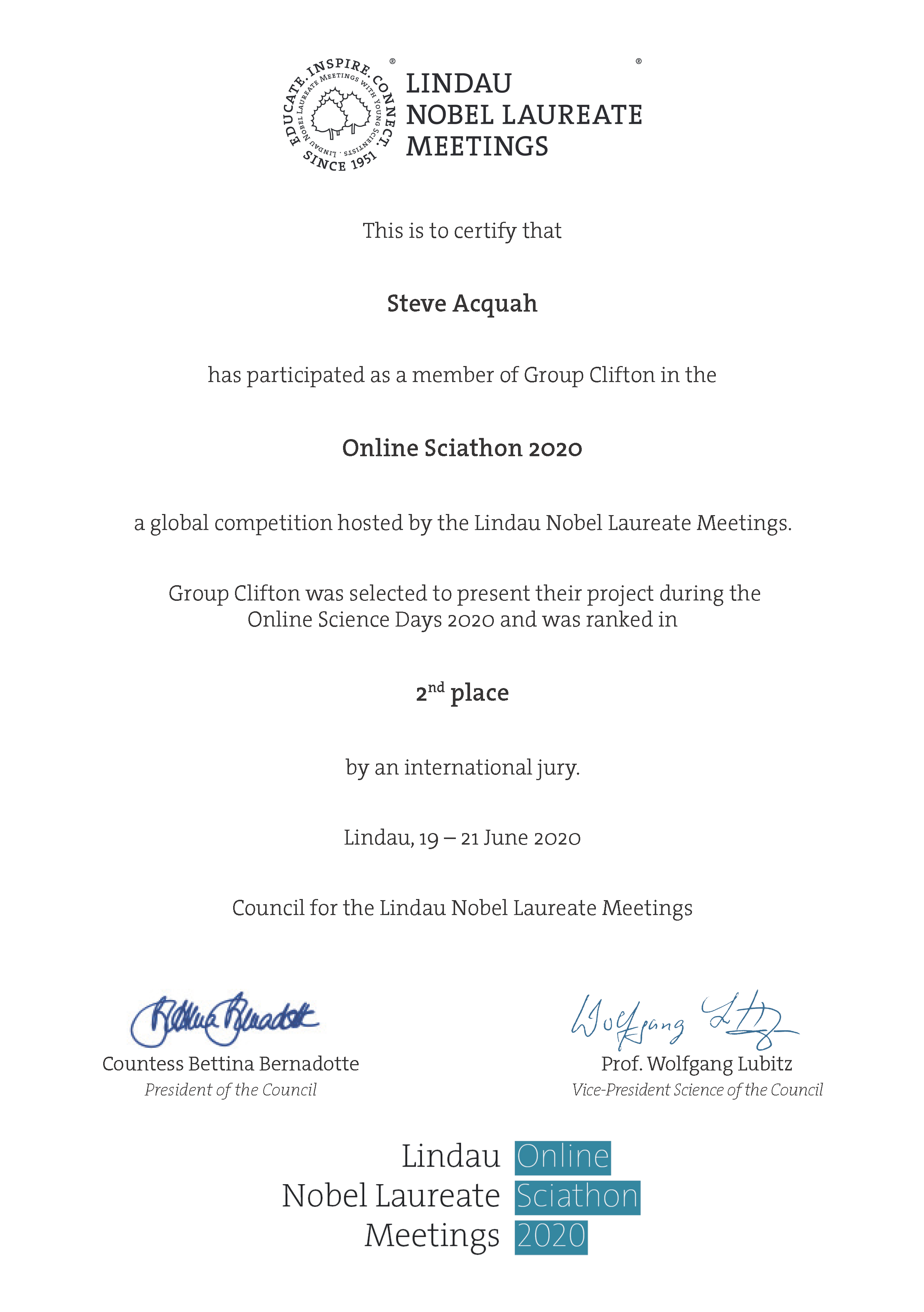 2nd Place at the Nobel Laureate Meetings Sciathon