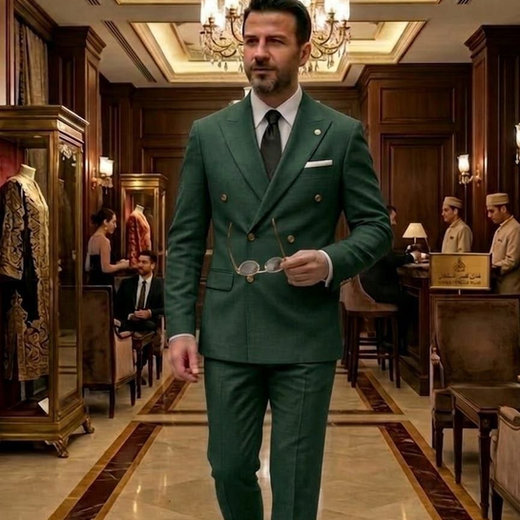 A green evening suit under warm light.