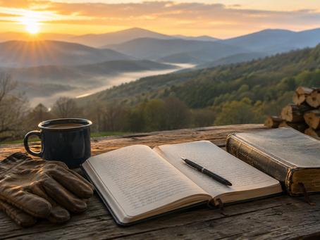 Open scriptures, journal, coffee mug, and work gloves on a wooden table overlooking misty mountains at sunrise, representing real LDS faith, grace, and starting over.