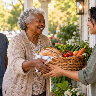 An older woman shares a basket of bread and fresh vegetables with a neighbor as a man and child smile beside her.