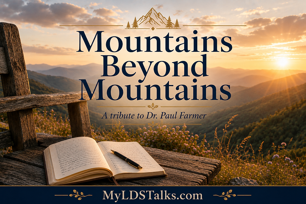 Sunrise over layered mountains with an open journal on a rustic bench for “Mountains Beyond Mountains,” a tribute to Dr. Paul Farmer.