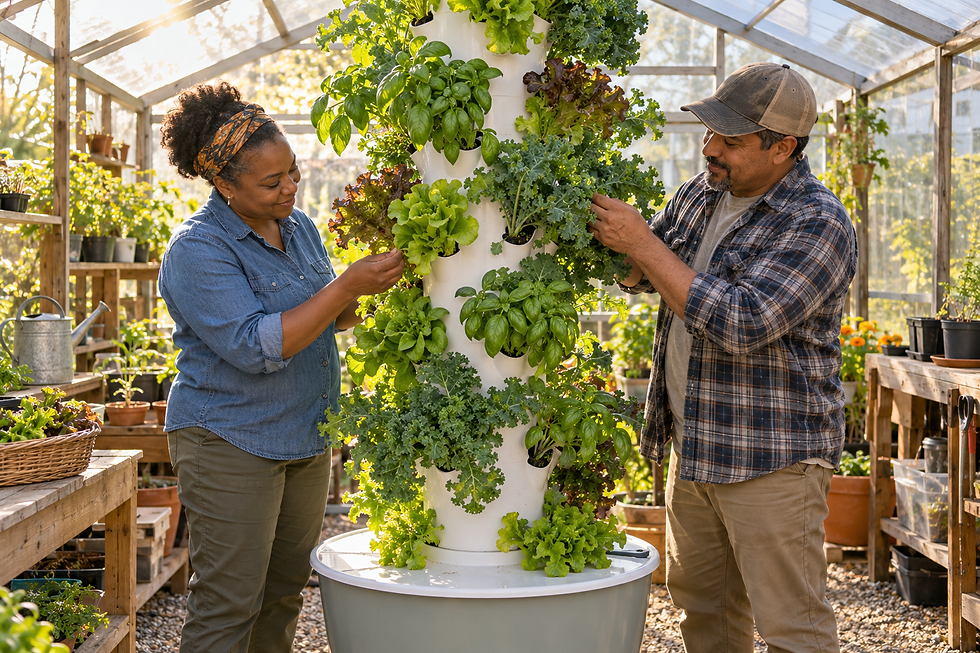 Two gardeners tend lettuce, kale, and basil growing on an aeroponic tower in a sunlit greenhouse.