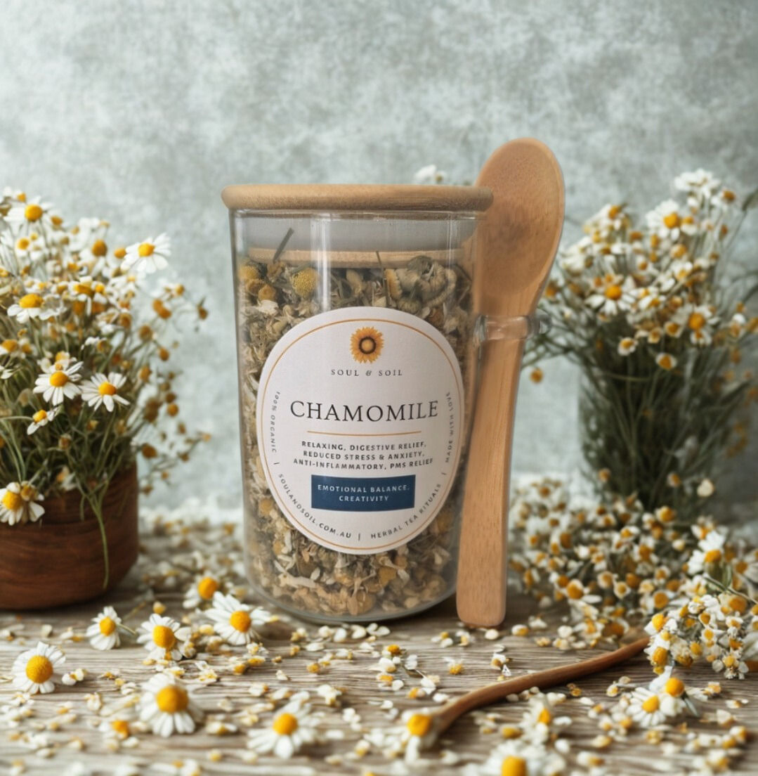 Organic Dried Chamomile Flowers - In Glass Jar with Spoon