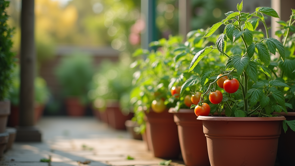 Close-up view of thriving tomato plants in pots on a patio