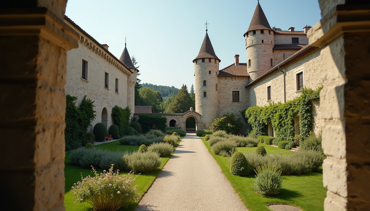Vista a livello degli occhi di un castello medievale con giardini per matrimonio