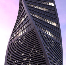 A modern building design with striking lines and flowing curves modelled in Maya and Blender and textured in Affinity Photo.