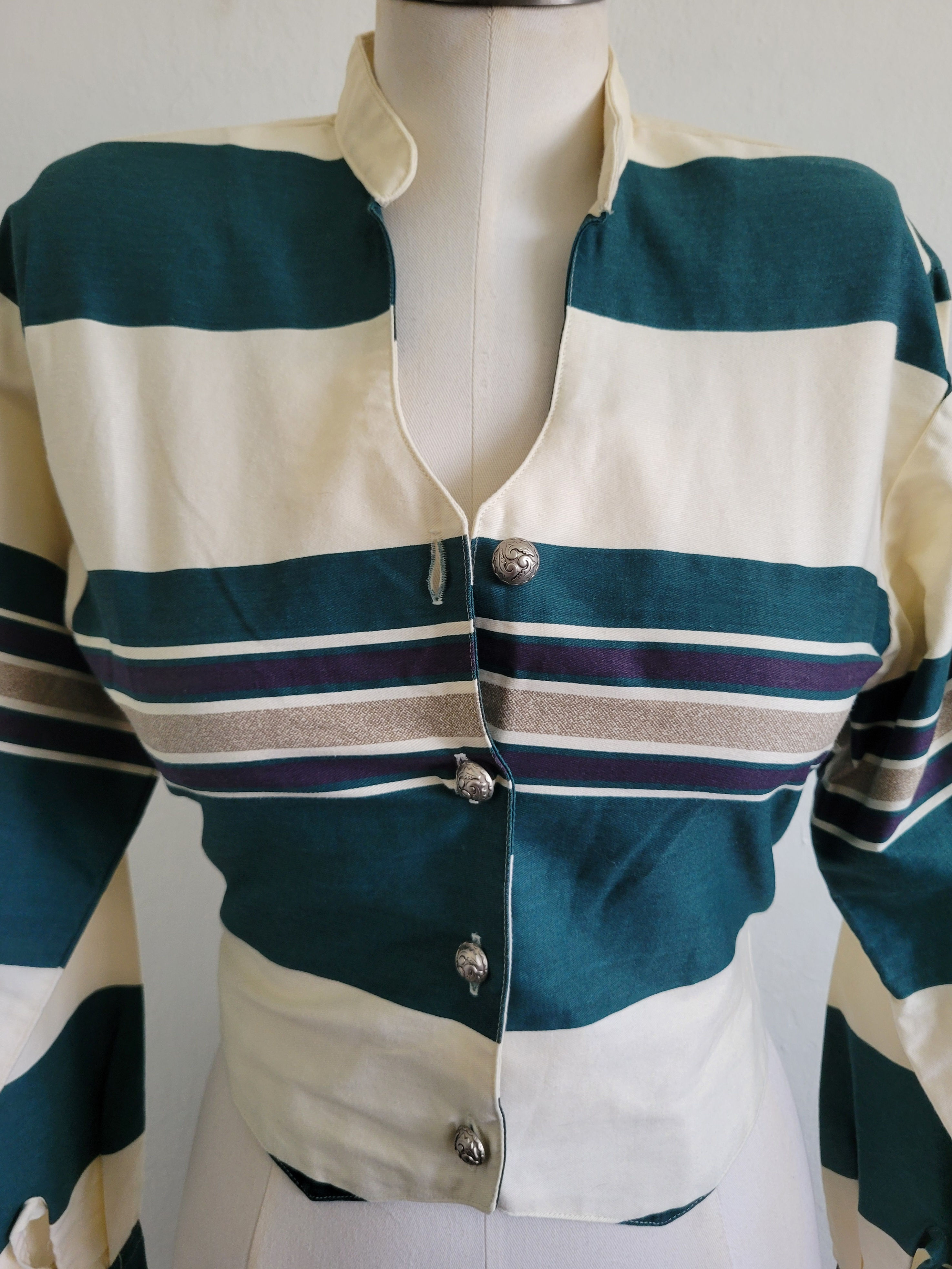 Vintage 90s Brooks & Dunn Green Striped Western Cotton Crop Jacket Blouse S/M