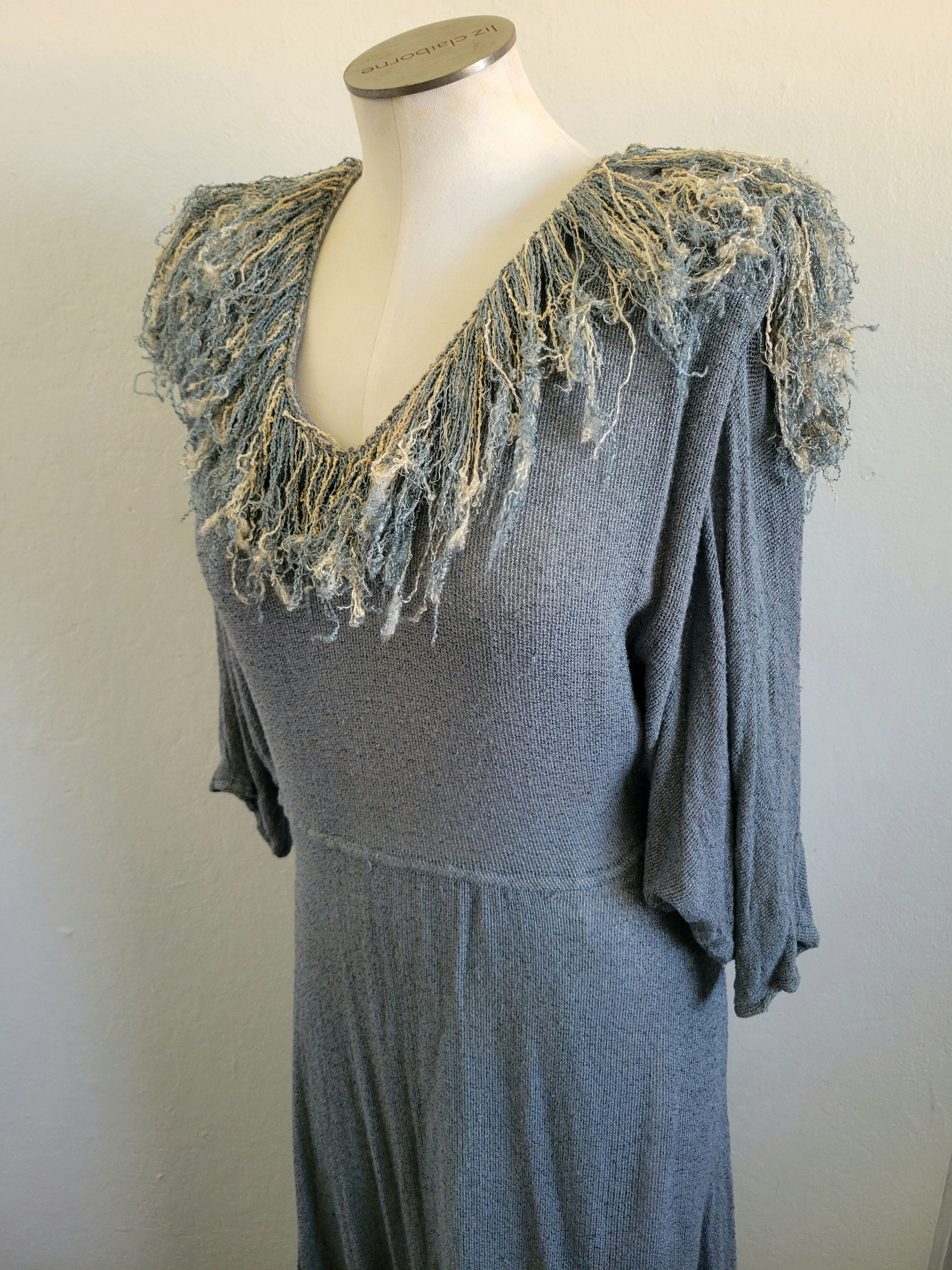 Vintage 70s Boho Fringe Slate Blue Sweater Maxi Dress M/L