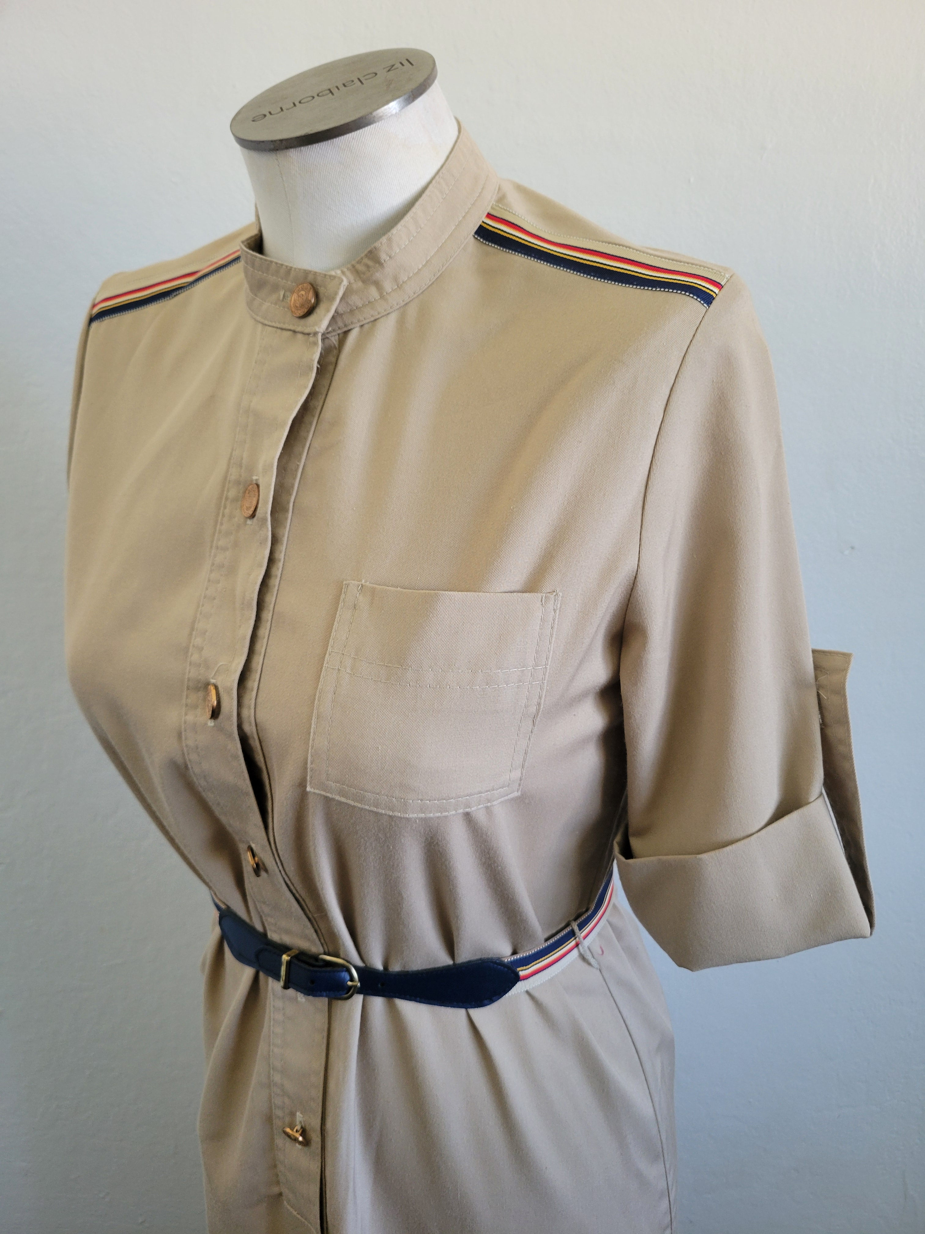 Vintage Khaki Striped Shoulder Brass Button Military Style Midi Shift Dress S/M