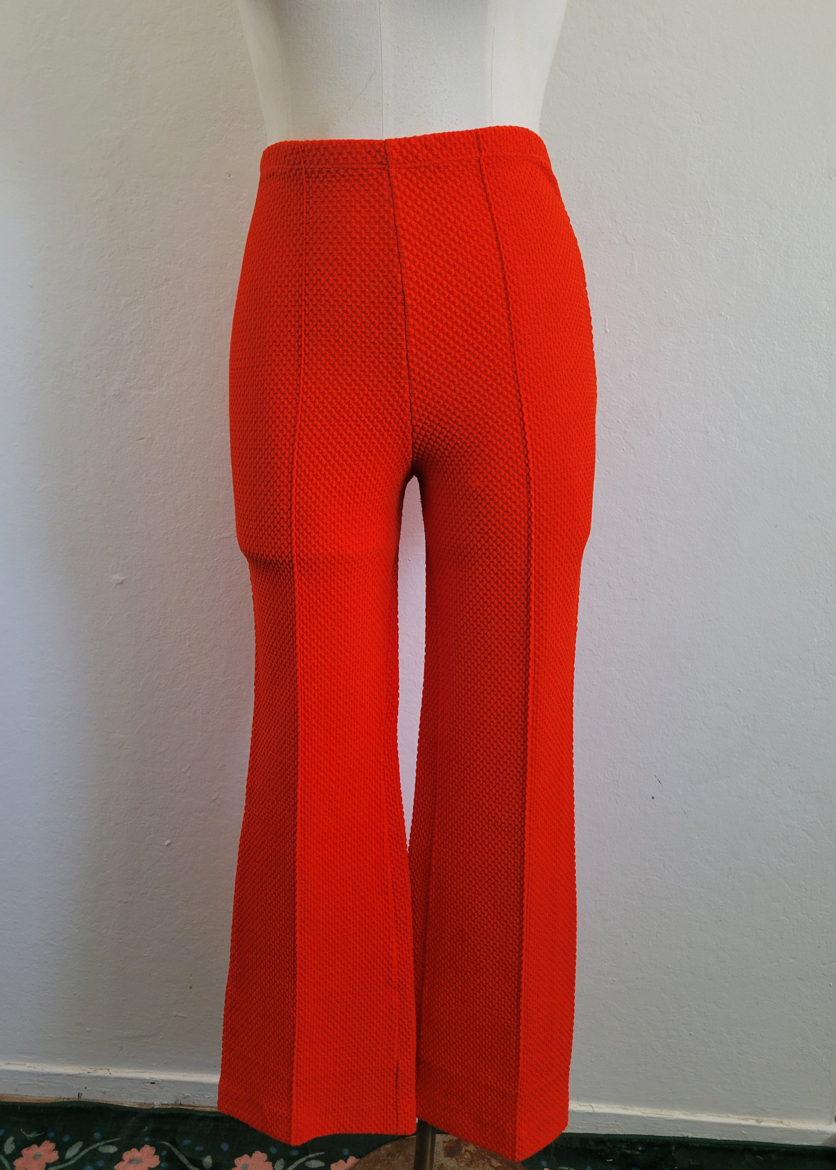 Vintage 70s Koret of California Orange Honeycomb Waffle Knit Flare Pants S 27
