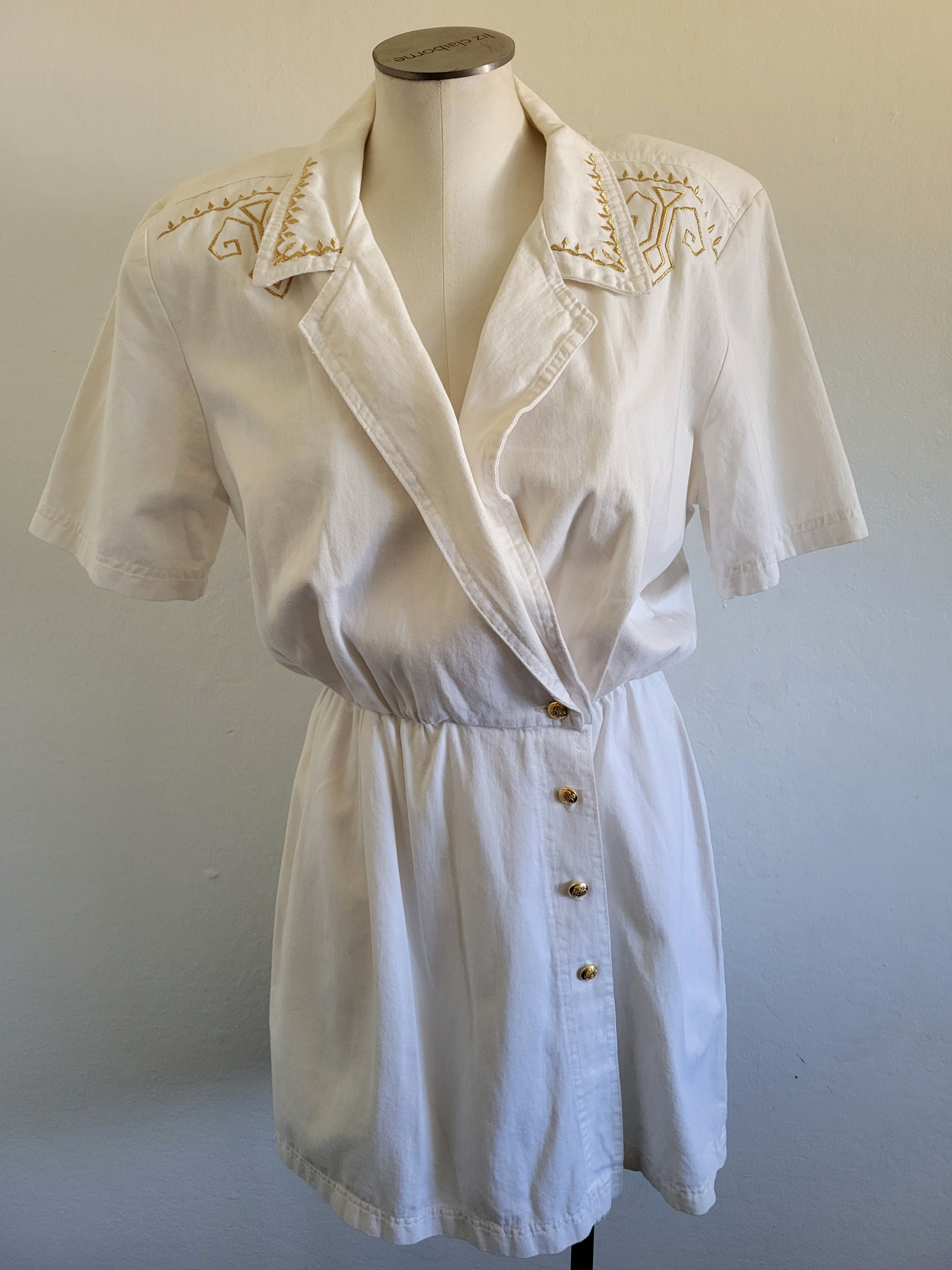 Vintage 80s Cream Gold Tribal Embroidered Denim Romper Skort By Nina Piccalino M
