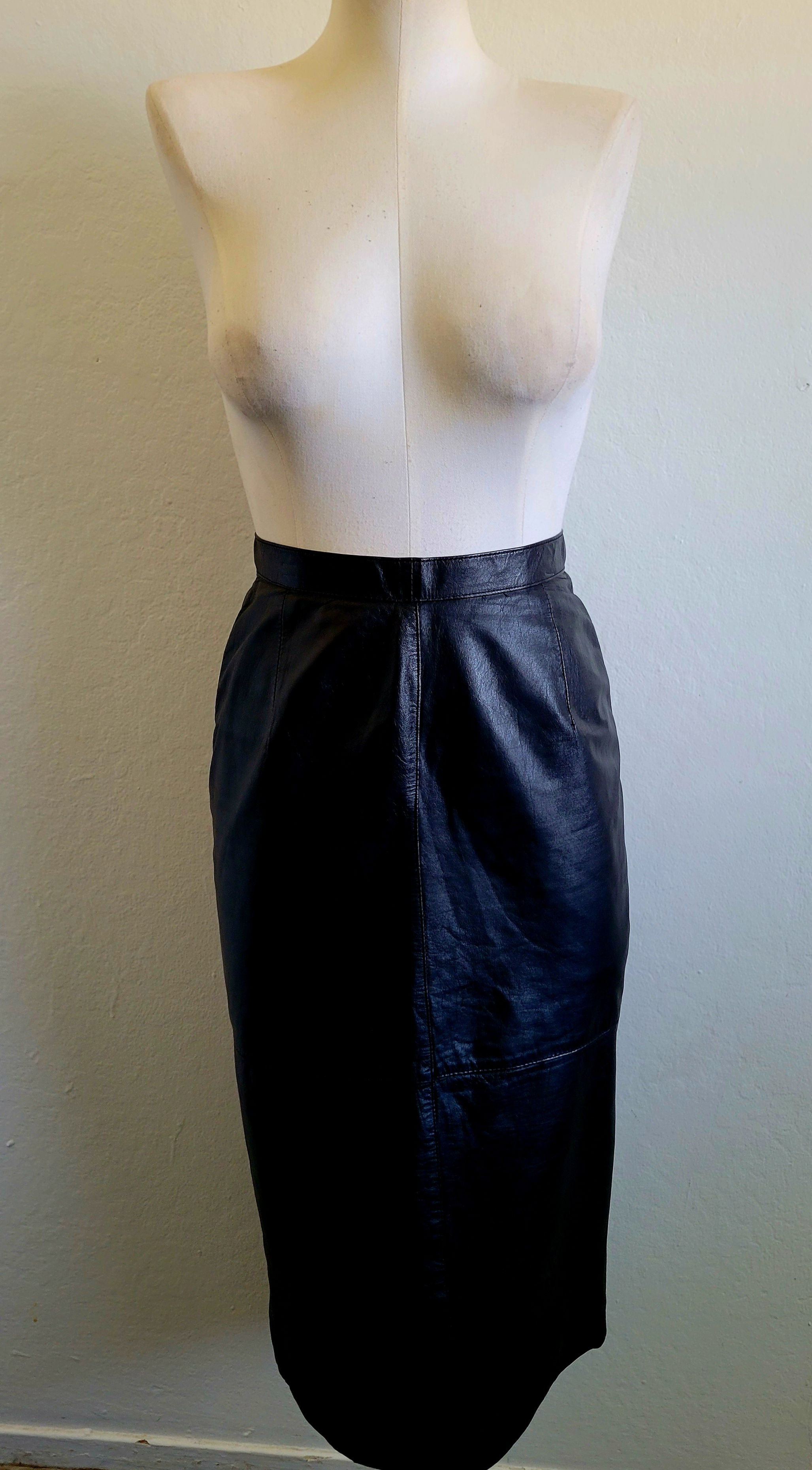 Vintage 80s Black Leather Button Back Midi Skirt M