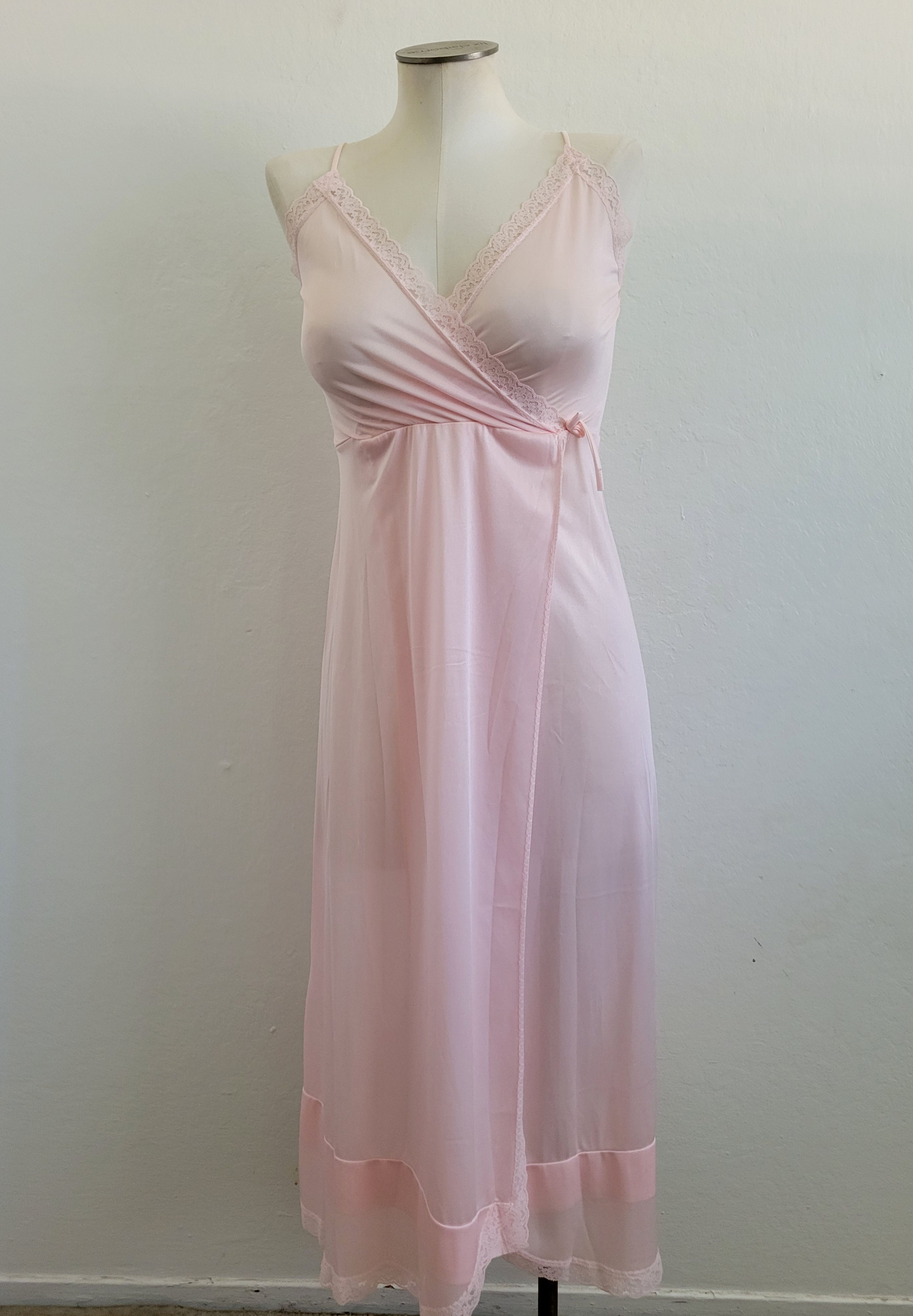 Vintage 70s Soft Pink & Lace Baby Doll Nightie Slip Dress S