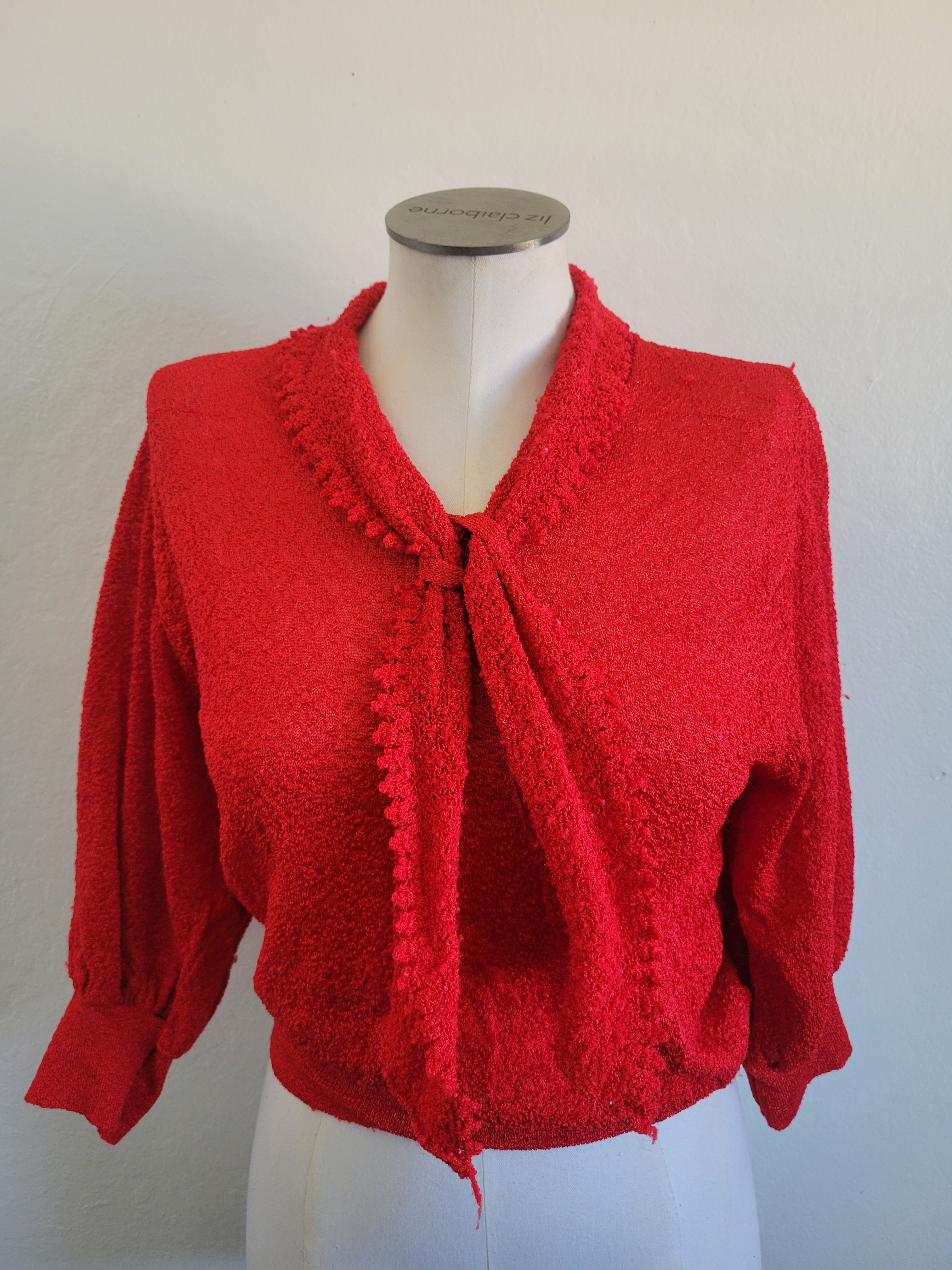 Vintage 70s Red Boucle Tie Neck Picot Trim Collar Knitwear Sweater M