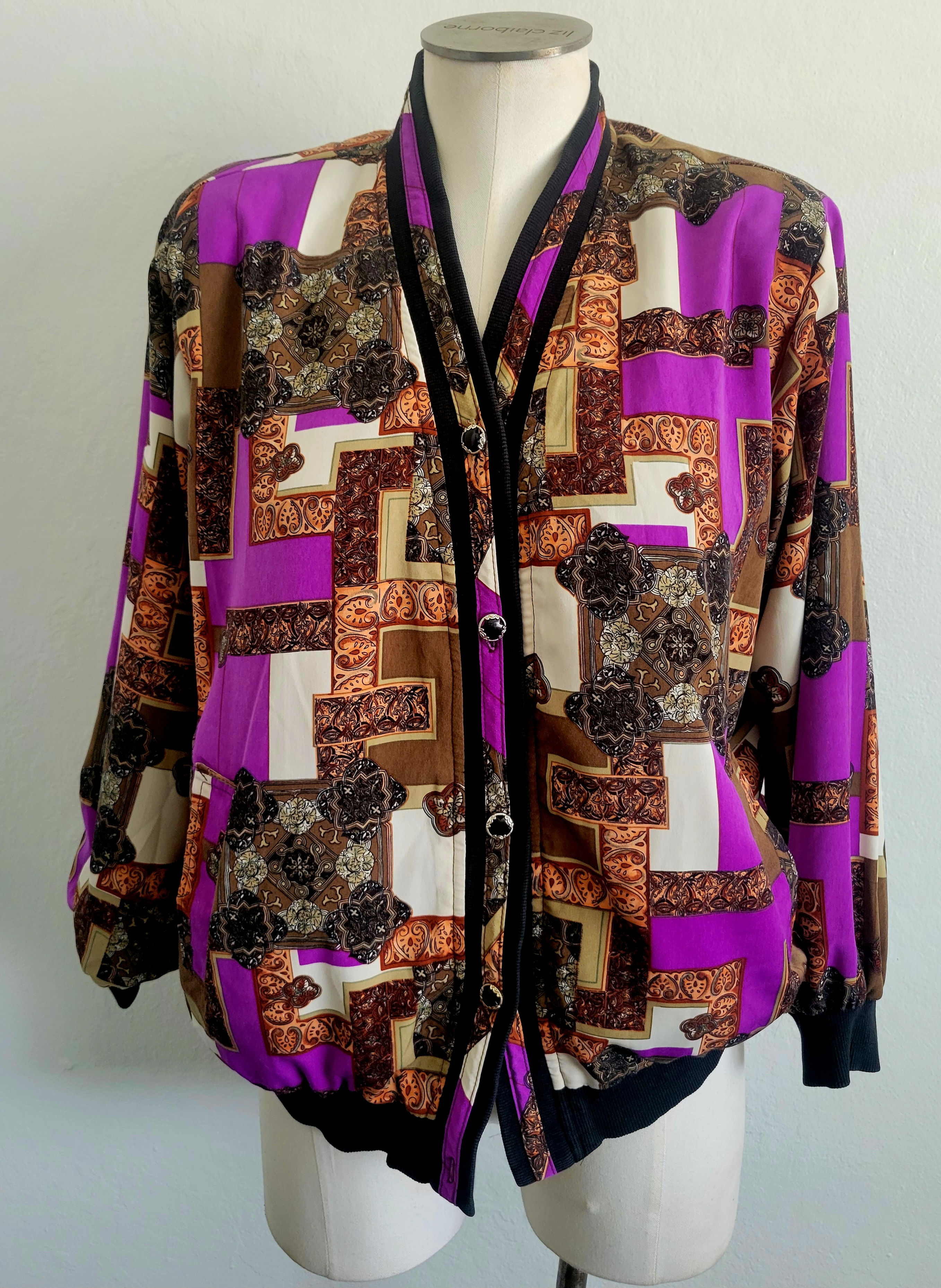 Vintage 90s Purple & Gold Baroque Print Silky Sporty Bomber Jacket M/L