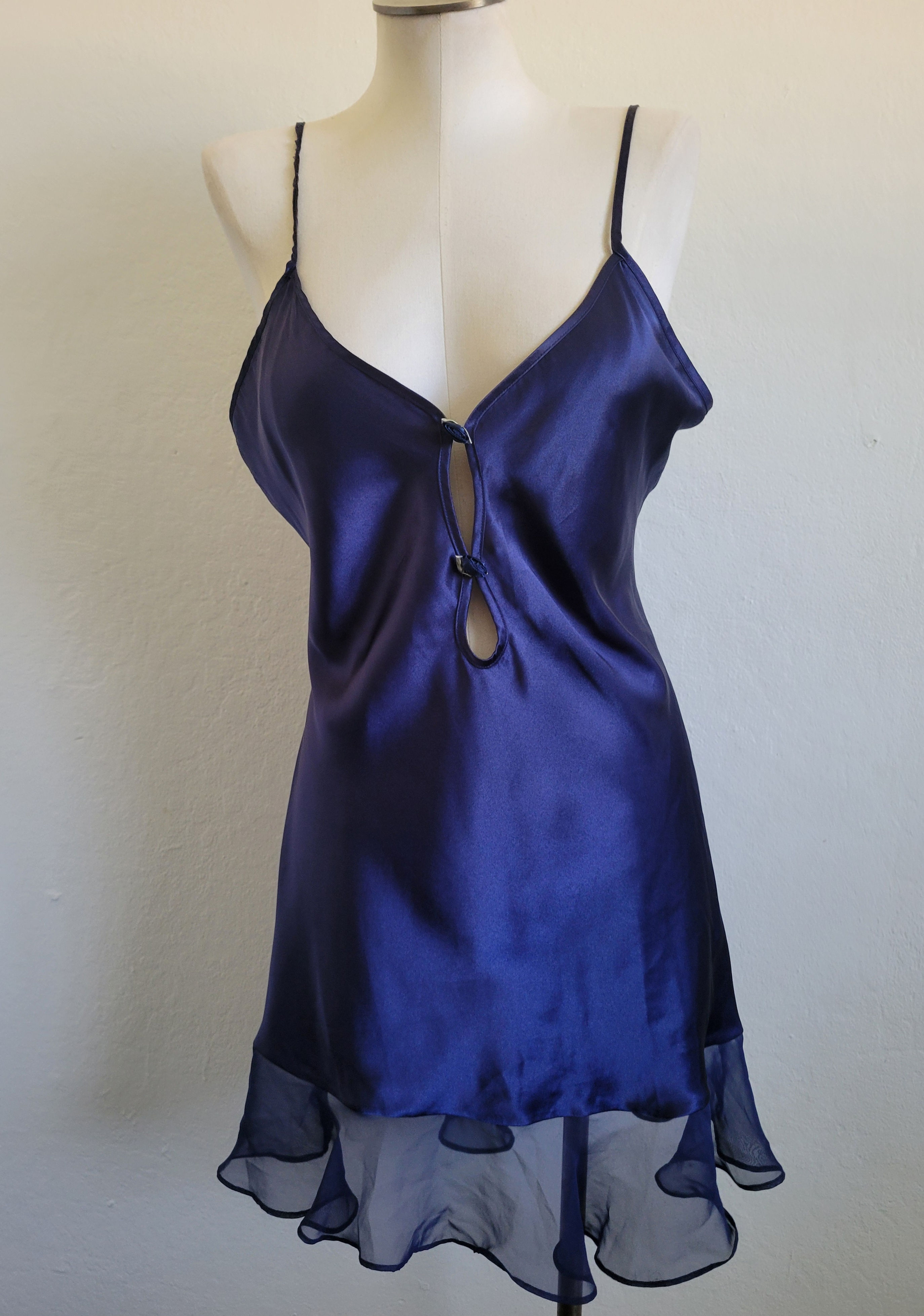 Vintage 90s Royal Blue Keyhole Satin Ruffle Hem Slip Dress Nightie L/XL