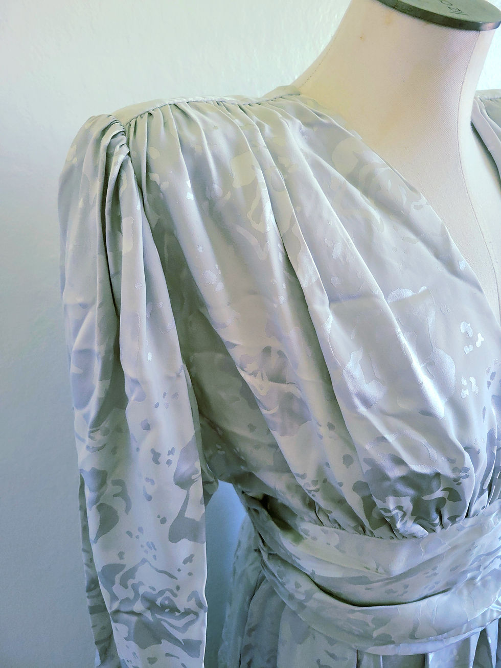 Thumbnail: Vintage 80s Silver Grey Silk Bold Shoulder Big Bow Midi Dress M/L
