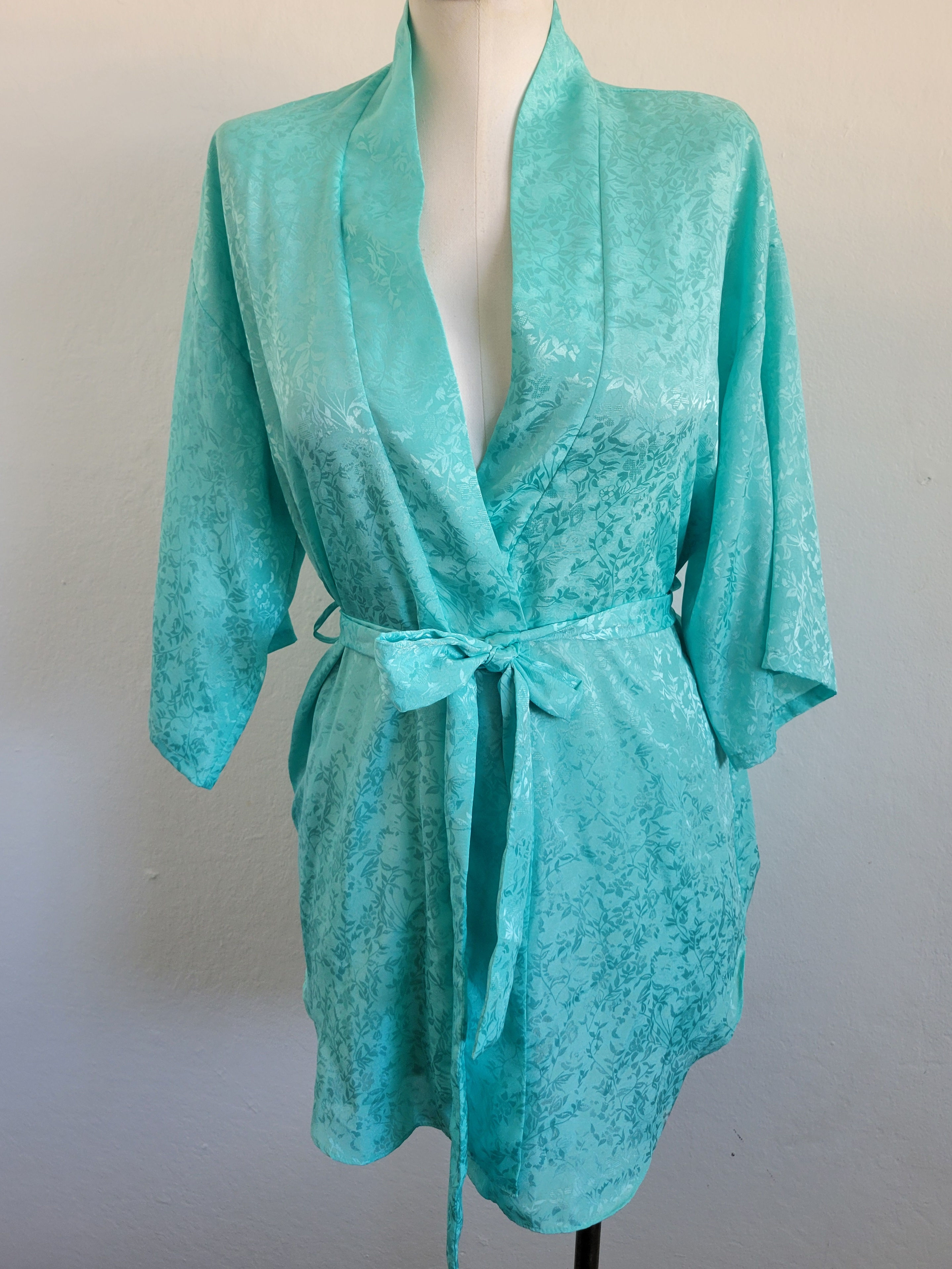 Vintage 90s Seafoam Jacquard Kimono Robe S/M
