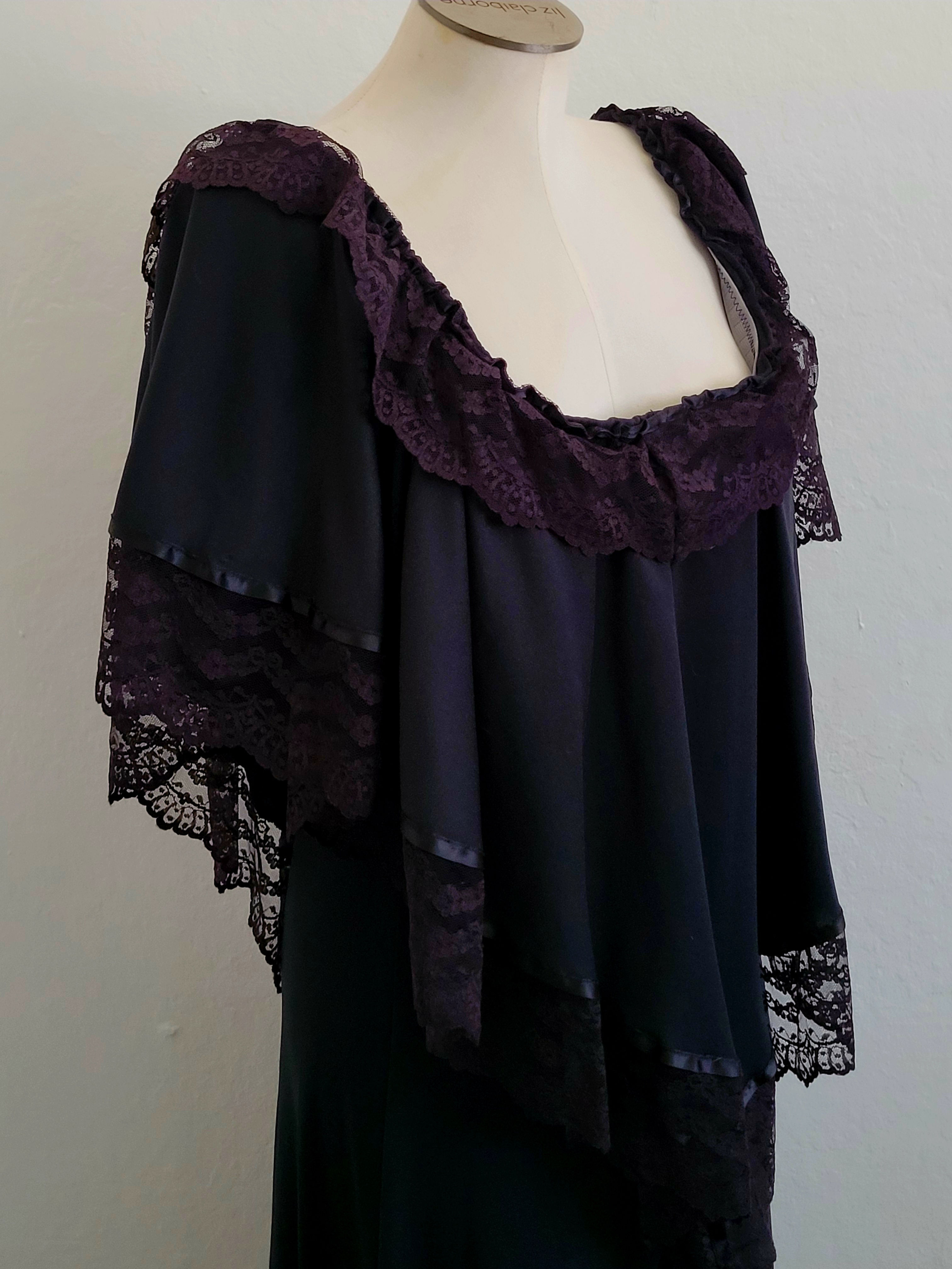 Vintage 70s Black Lace Bib Boho Maxi Dress S/M