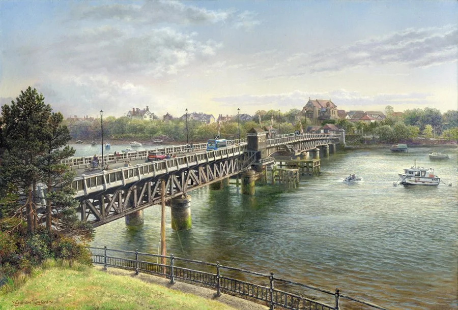 Graham Twyford painting of a bridge over a river