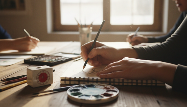 Close-up view of hands using pencils and paintbrushes beside a timed sketch