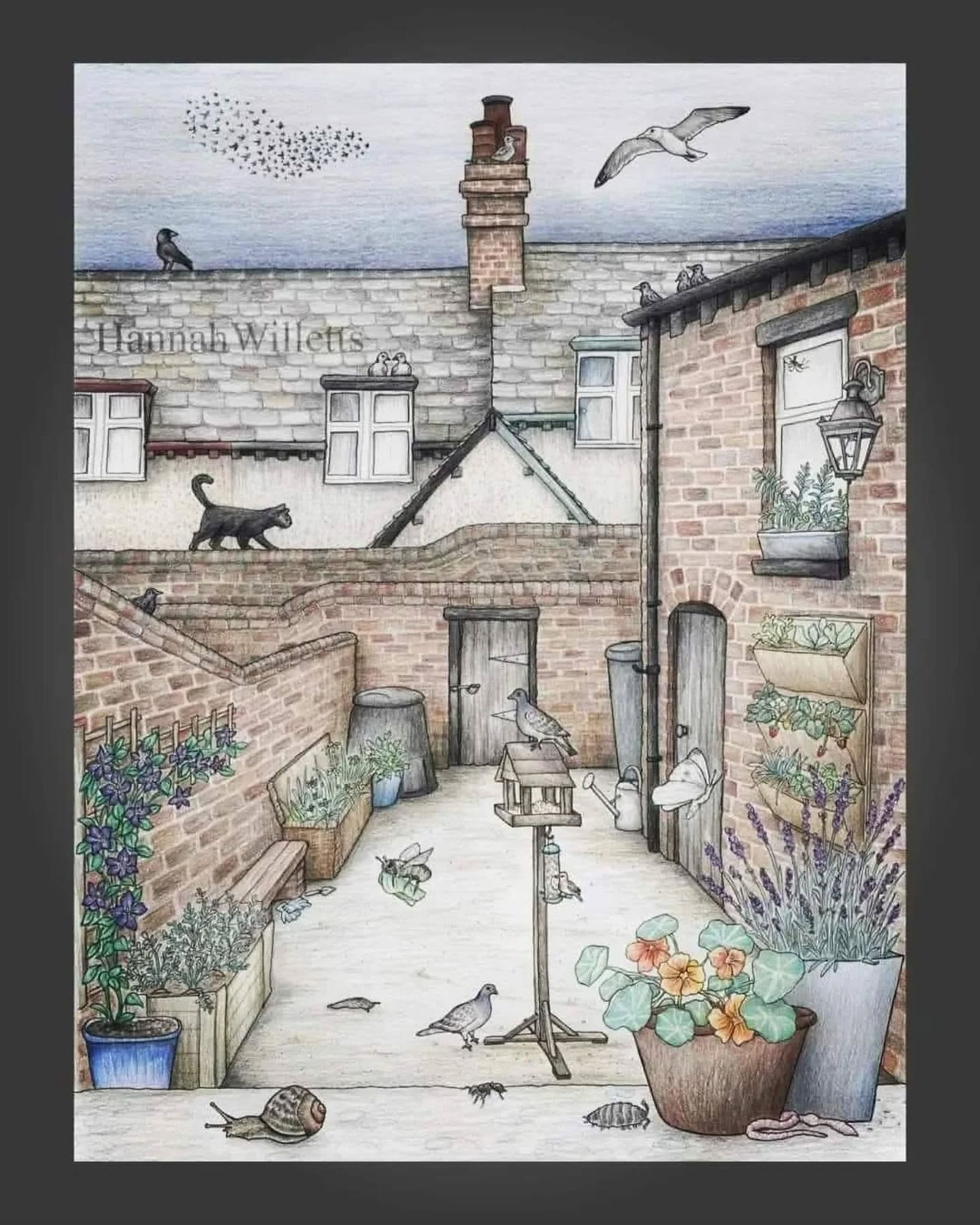 Local art piece of urban courtyard with cat, birds, plants
