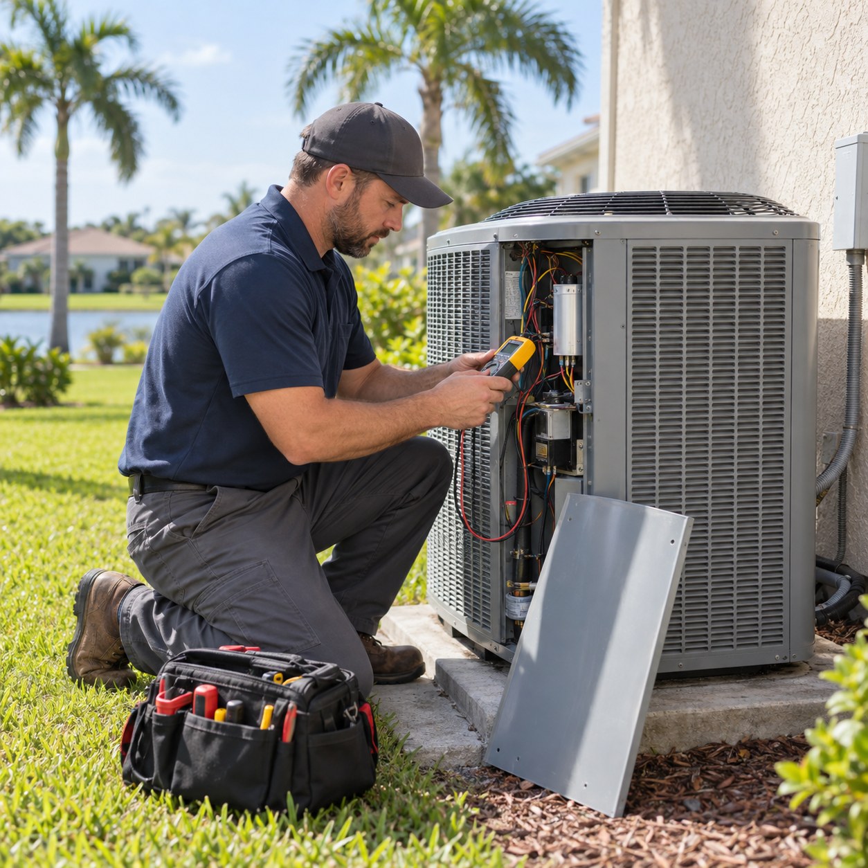 Illustration of a technician servicing an outdoor air conditioning unit with its access panel removed.