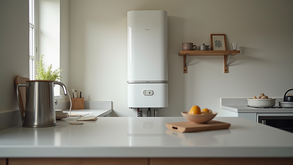 Eye-level view of a modern Baxi combi boiler installed on a kitchen wall
