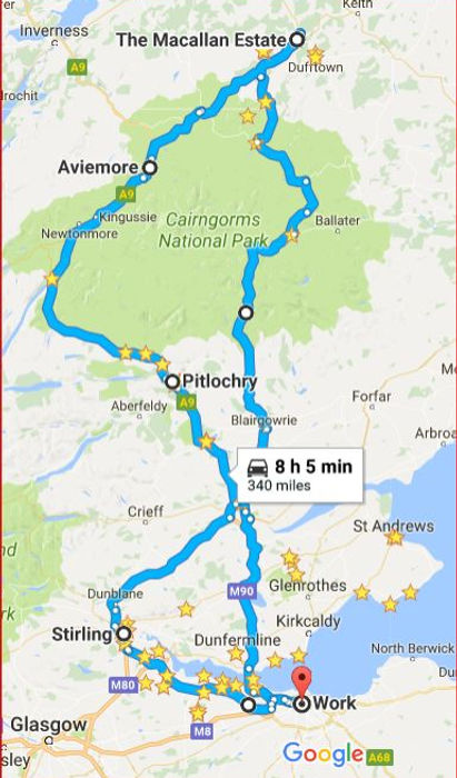 Map of Edinburgh to The Macallan Whisky Distillery