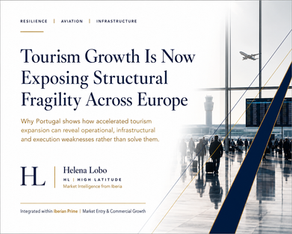 Editorial cover image illustrating structural fragility, aviation dependency and operational resilience across European tourism systems, featuring airport infrastructure, passenger mobility and accessibility continuity within the Portuguese tourism economy.