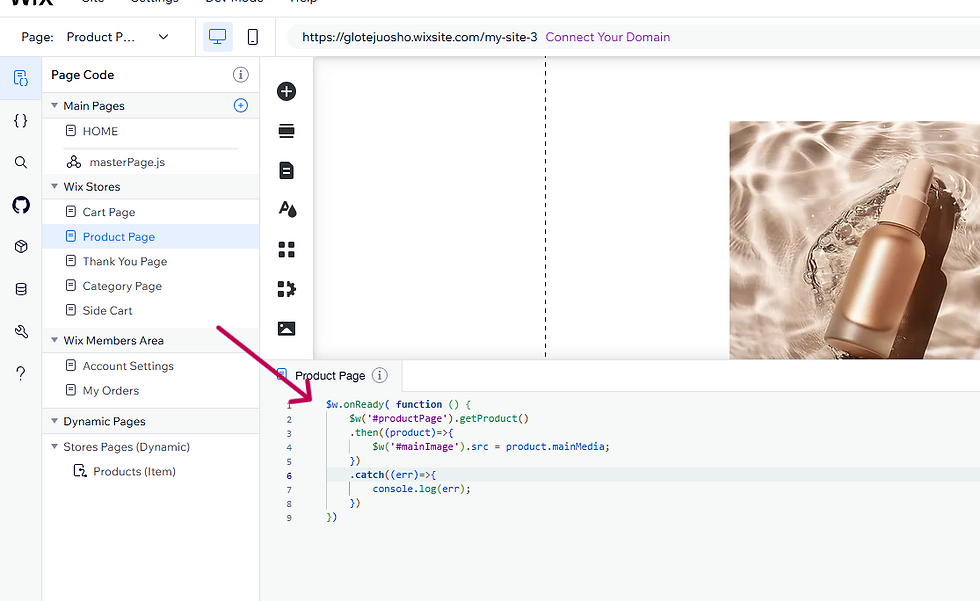 Wix editor shows code for a product page. An arrow points to code. Adjacent, a brown bottle floats on rippling water, creating a serene vibe.