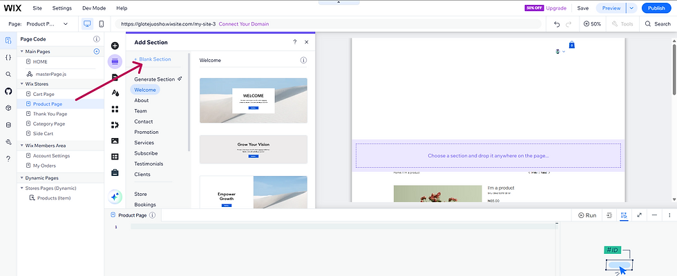 Wix editor interface showing "Add Section" menu. A red arrow points to "+ Blank Section." Text options include "Welcome" and "Grow Your Vision."
